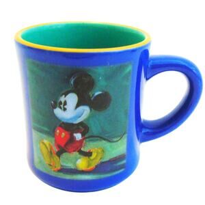 Disney Store Mickey Mouse Coffee Mug Blue Green Tea Cup Cartoon Comic Sketch Art